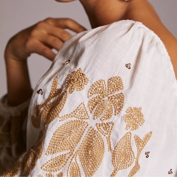 Anthro Embroidered Floral Sequin Beaded Embellished Balloon Sleeve Blouse Top - Picture 3 of 15